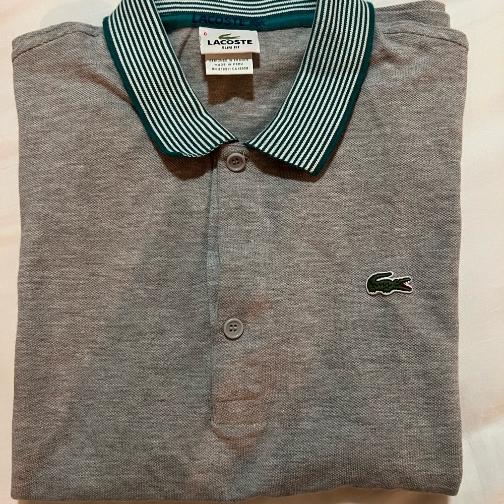 Lacoste Polo- Grey with blue and white stripes Slim Fit